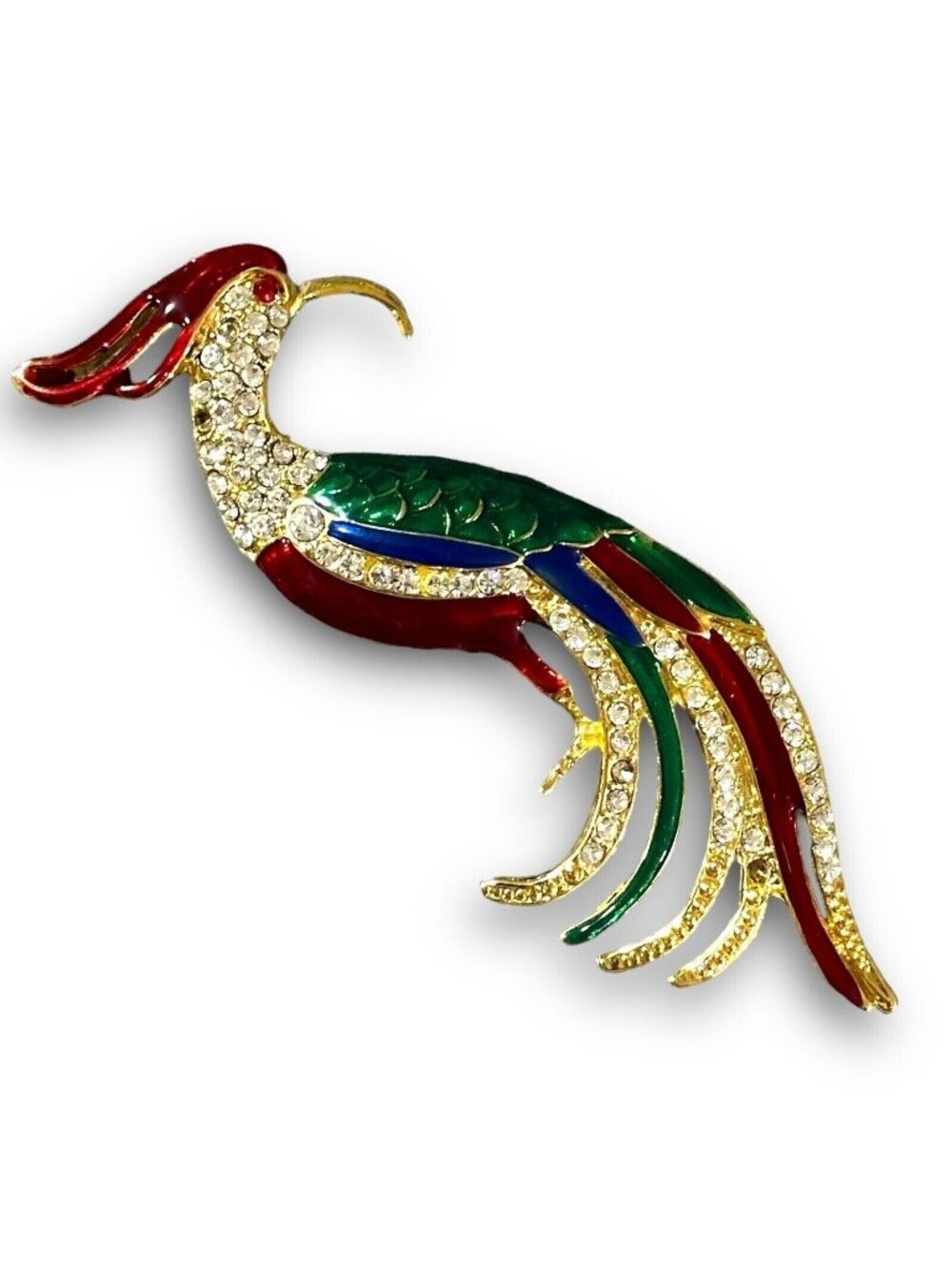 Vintage Rhinestone Enamel Bird Of Paradise Brooch Multicolor Gold-Tone EUC
